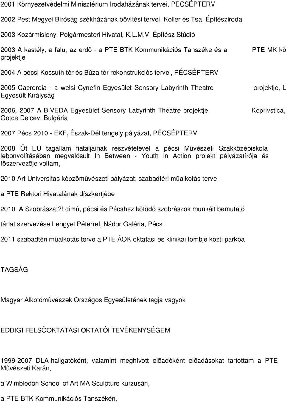 Építész Stúdió 2003 A kastély, a falu, az erdõ - a PTE BTK Kommunikációs Tanszéke és a PTE MK kö projektje 2004 A pécsi Kossuth tér és Búza tér rekonstrukciós tervei, PÉCSÉPTERV 2005 Caerdroia - a