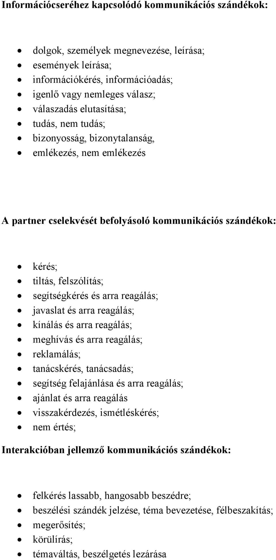 és arra reagálás; kínálás és arra reagálás; meghívás és arra reagálás; reklamálás; tanácskérés, tanácsadás; segítség felajánlása és arra reagálás; ajánlat és arra reagálás visszakérdezés,