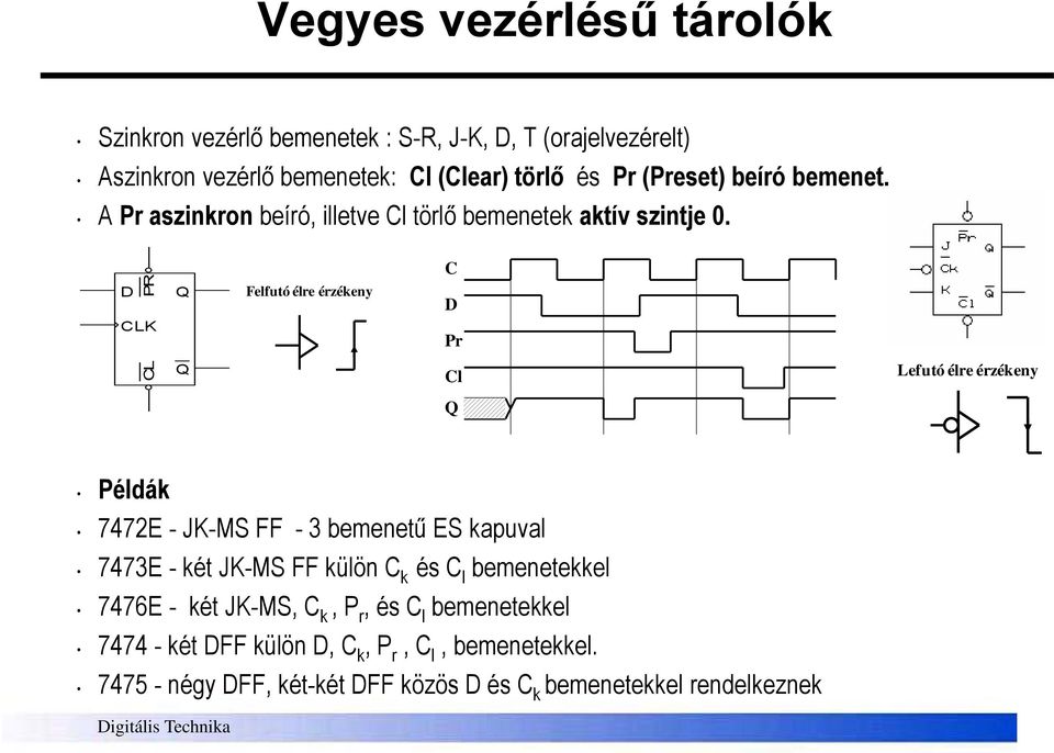 C P Felfutó élre érzékeny Pr CL Cl Lefutó élre érzékeny Példák 7472E - JK-M FF - 3 bemenetű E kapuval 7473E - két JK-M FF külön C k