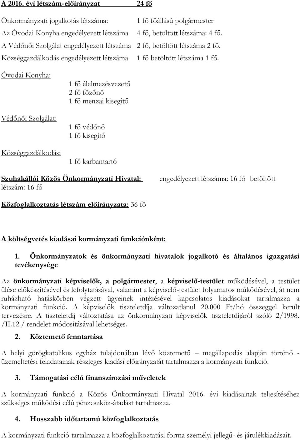 Óvodai Konyha: Védőnői Szolgálat: Községgazdálkodás: 1 fő élelmezésvezető 2 fő főzőnő 1 fő menzai kisegítő 1 fő védőnő 1 fő kisegítő 1 fő karbantartó Szuhakállói Közös Önkormányzati Hivatal: létszám:
