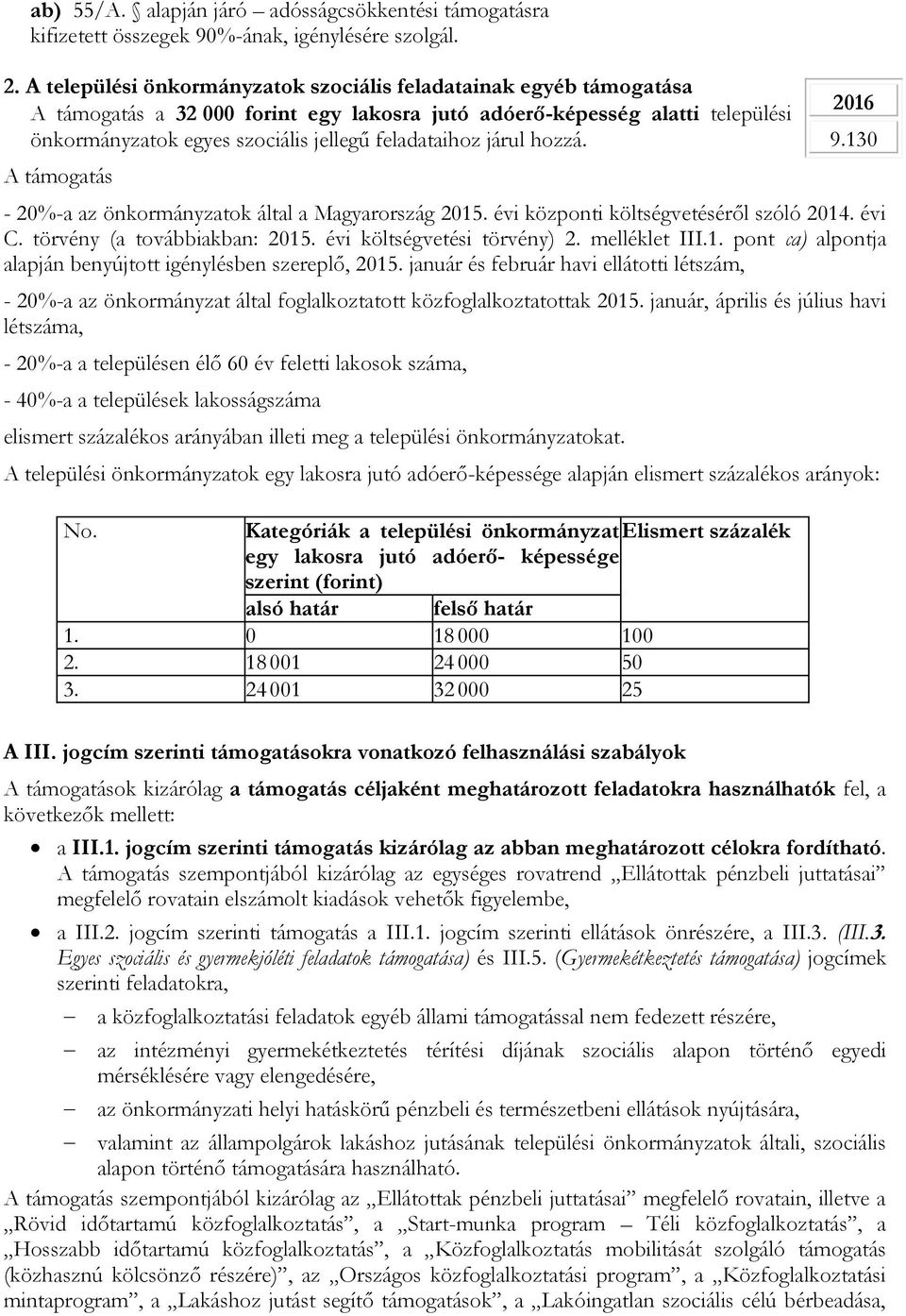 járul hozzá. A támogatás - 20%-a az önkormányzatok által a Magyarország 2015. évi központi költségvetéséről szóló 2014. évi C. törvény (a továbbiakban: 2015. évi költségvetési törvény) 2.