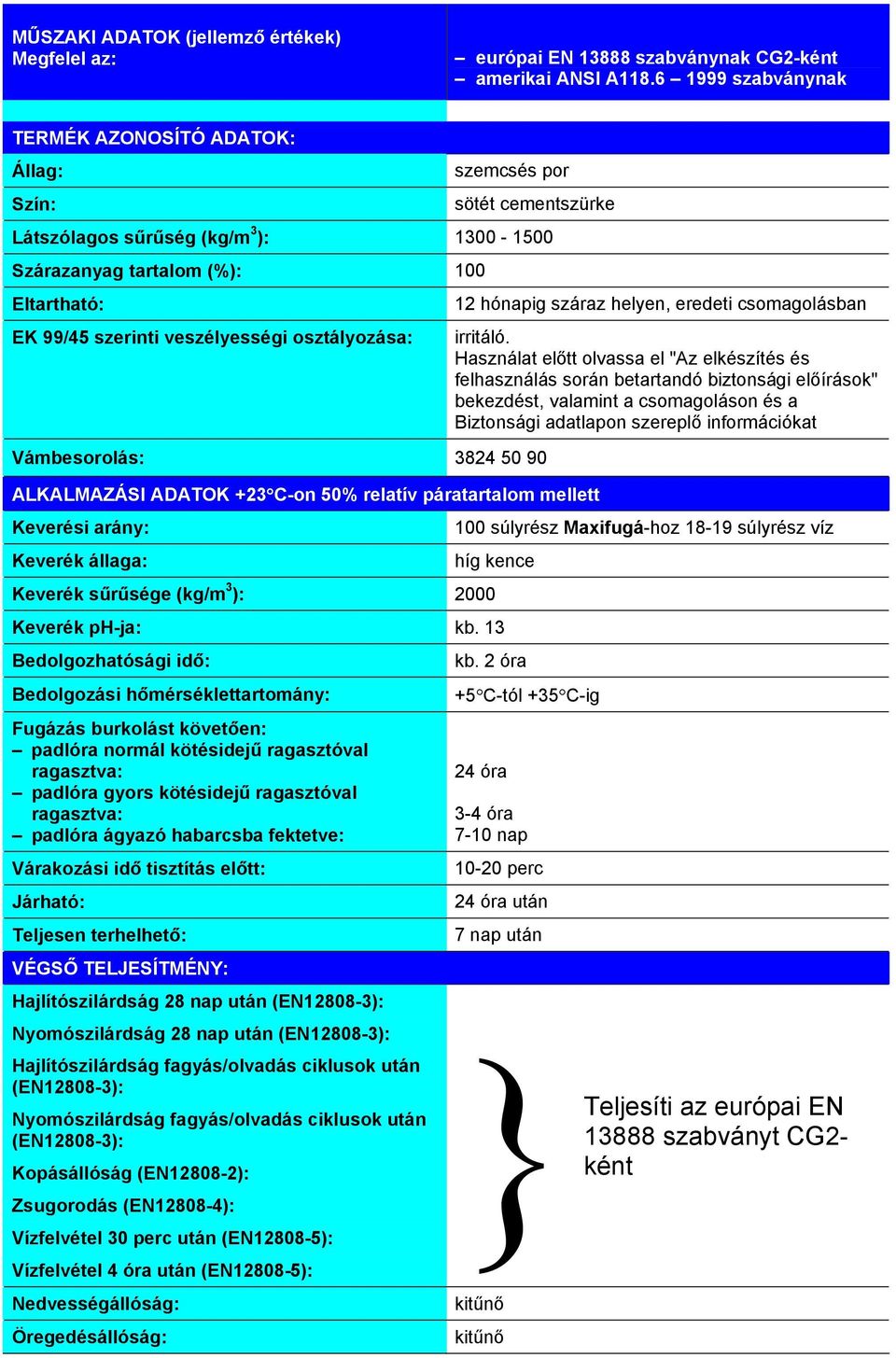 veszélyességi osztályozása: Vámbesorolás: 3824 50 90 ALKALMAZÁSI ADATOK +23 C-on 50% relatív páratartalom mellett Keverési arány: Keverék állaga: 12 hónapig száraz helyen, eredeti csomagolásban