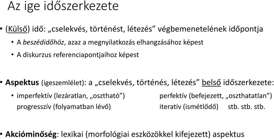 történés, létezés belső időszerkezete: imperfektív (lezáratlan, osztható ) perfektív (befejezett, oszthatatlan )