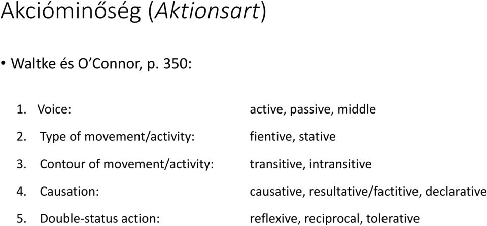 Type of movement/activity: fientive, stative 3.