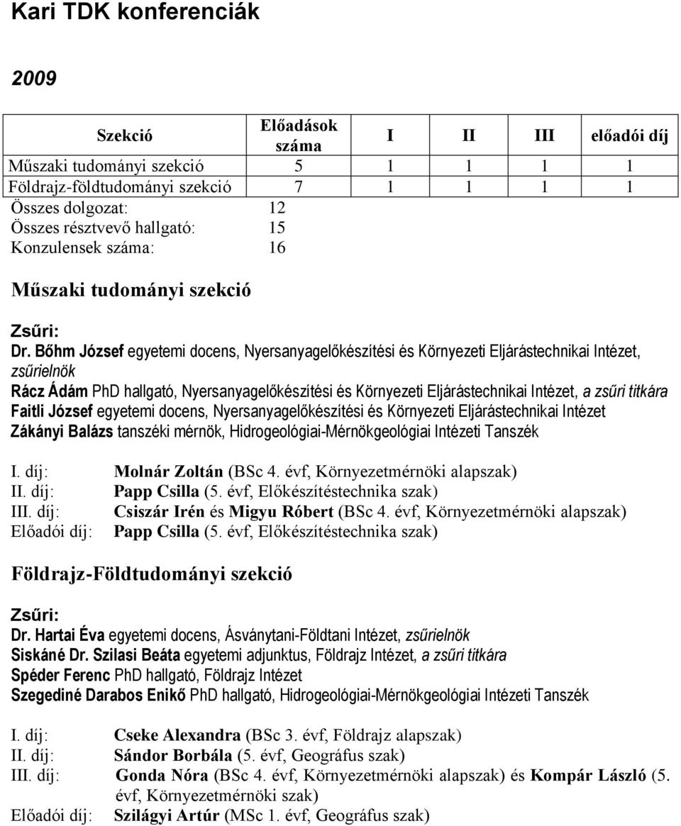 Bőhm József egyetemi docens, Nyersanyagelőkészítési és Környezeti Eljárástechnikai Intézet, zsűrielnök Rácz Ádám PhD hallgató, Nyersanyagelőkészítési és Környezeti Eljárástechnikai Intézet, a zsűri