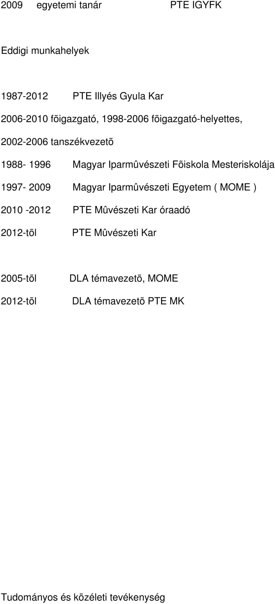 Mesteriskolája 1997-2009 Magyar Iparmûvészeti Egyetem ( MOME ) 2010-2012 PTE Mûvészeti Kar óraadó