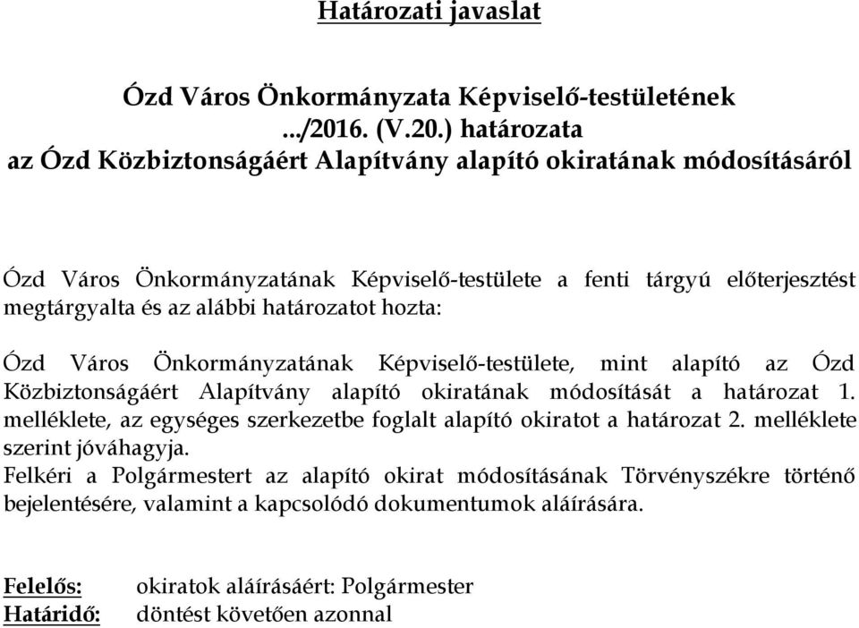 ) határozata az Ózd Közbiztonságáért Alapítvány alapító okiratának módosításáról Ózd Város Önkormányzatának Képviselő-testülete a fenti tárgyú előterjesztést megtárgyalta és az alábbi