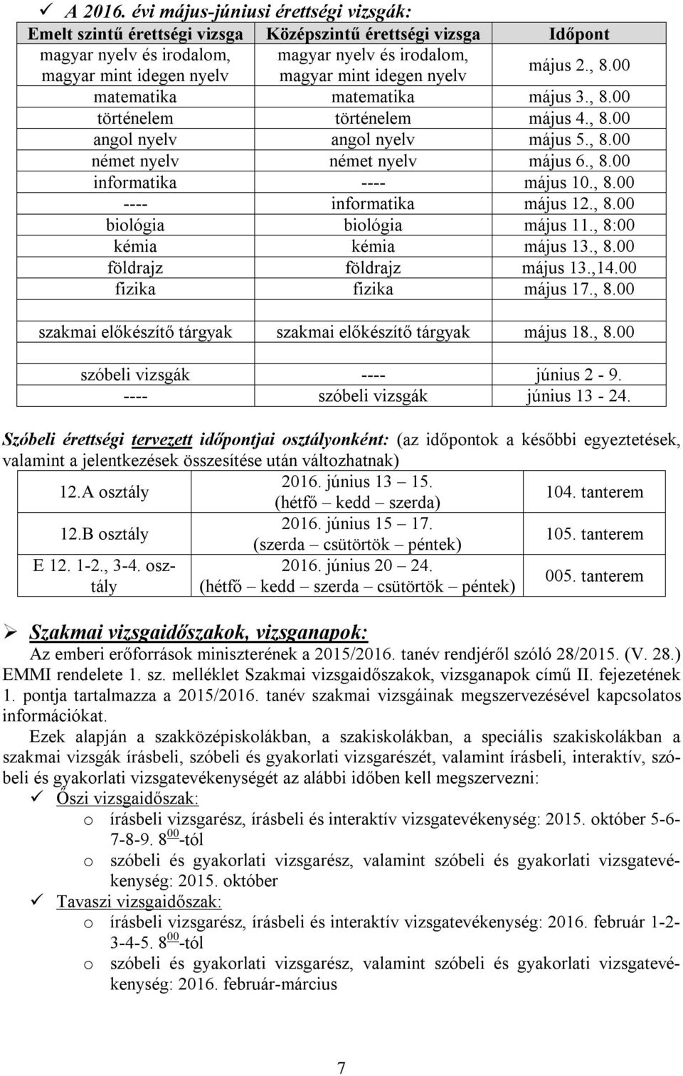 nyelv május 2., 8.00 matematika matematika május 3., 8.00 történelem történelem május 4., 8.00 angol nyelv angol nyelv május 5., 8.00 német nyelv német nyelv május 6., 8.00 informatika ---- május 10.