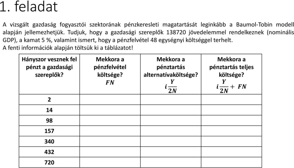 egységnyi költséggel terhelt. A fenti információk alapján töltsük ki a táblázatot! Hányszor vesznek fel pénzt a gazdasági szereplők?