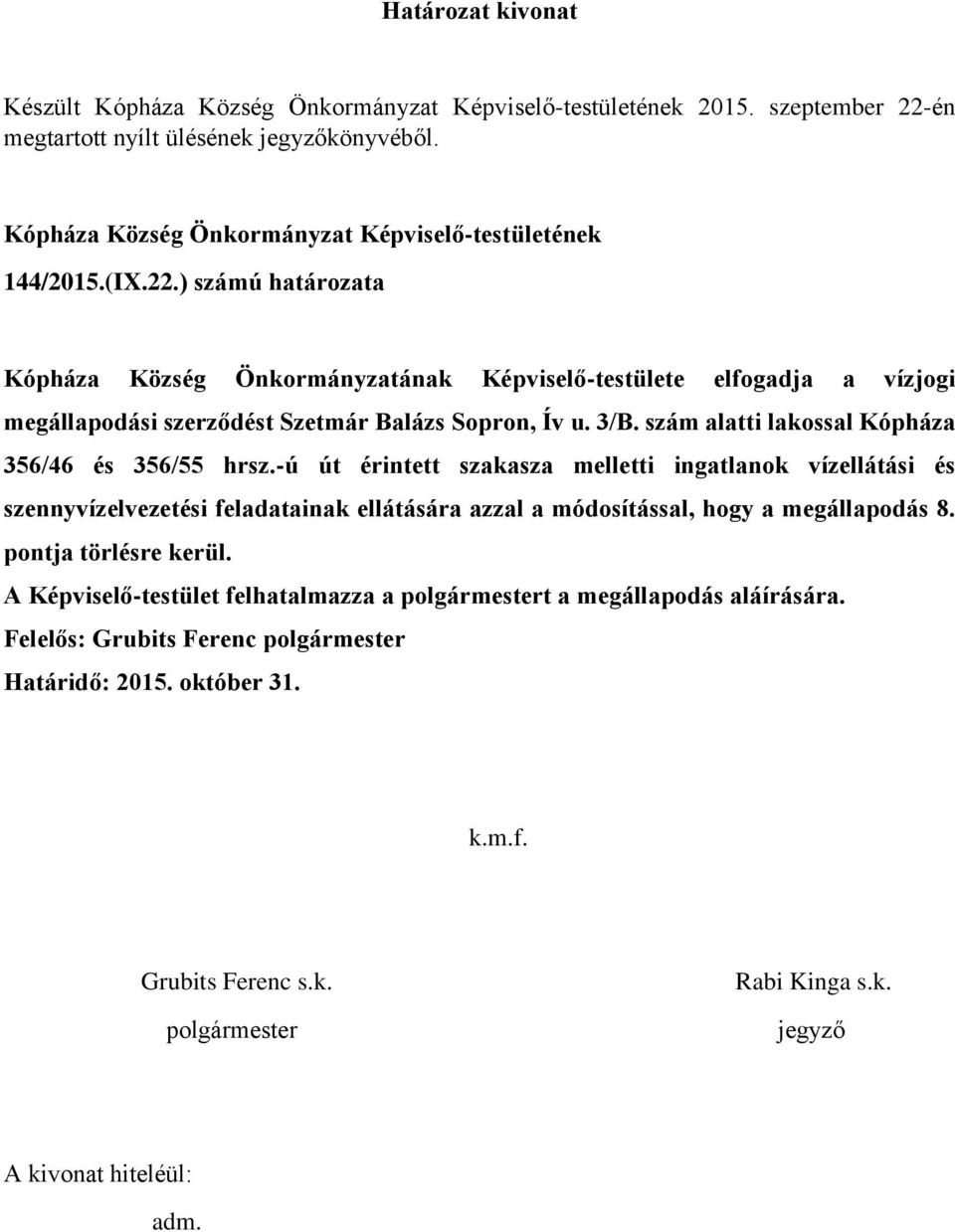 ) számú határozata Kópháza Község Önkormányzatának Képviselő-testülete elfogadja a vízjogi megállapodási szerződést Szetmár Balázs Sopron, Ív u.