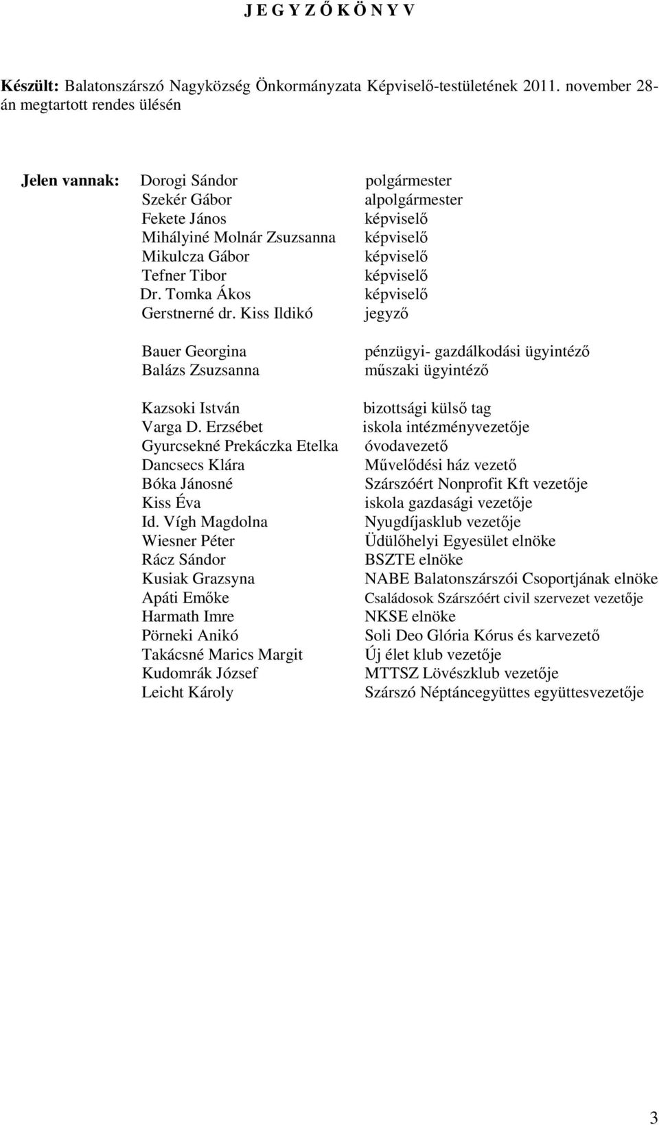 Tefner Tibor képviselı Dr. Tomka Ákos képviselı Gerstnerné dr. Kiss Ildikó jegyzı Bauer Georgina Balázs Zsuzsanna Kazsoki István Varga D.