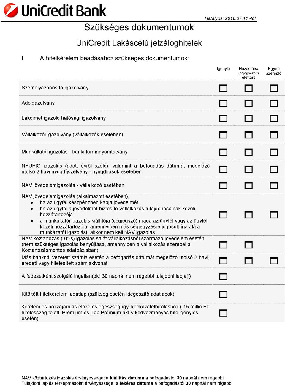 igazolvány (vállalkozók esetében) Munkáltatói igazolás - banki formanyomtatvány NYUFIG igazolás (adott évről szóló), valamint a befogadás dátumát megelőző utolsó 2 havi nyugdíjszelvény - nyugdíjasok