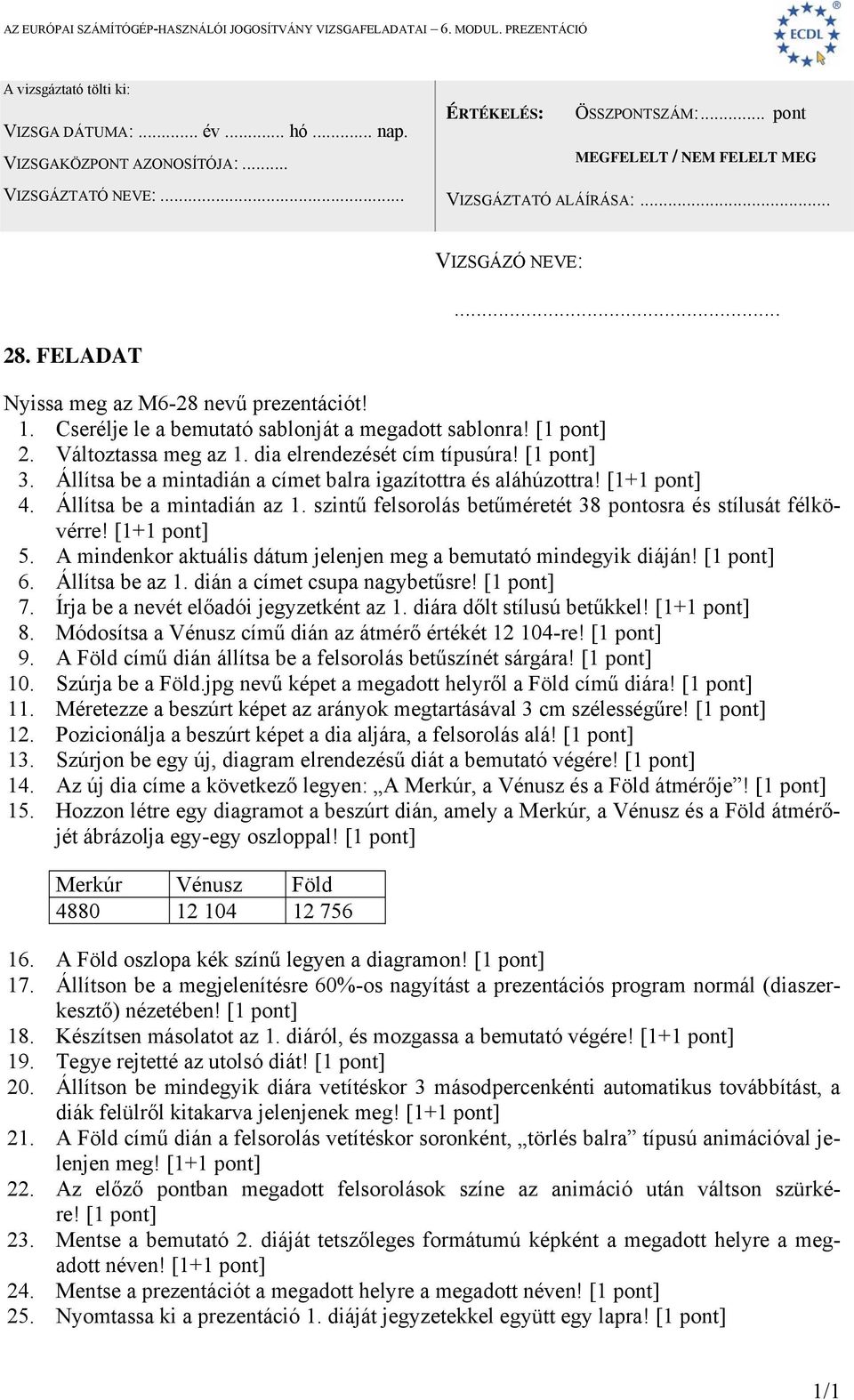 A mindenkor aktuális dátum jelenjen meg a bemutató mindegyik diáján! [1 pont] 6. Állítsa be az 1. dián a címet csupa nagybetűsre! [1 pont] 7. Írja be a nevét előadói jegyzetként az 1.