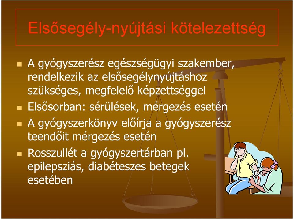 Elsősorban: sérülések, mérgezés esetén A gyógyszerkönyv előírja a gyógyszerész