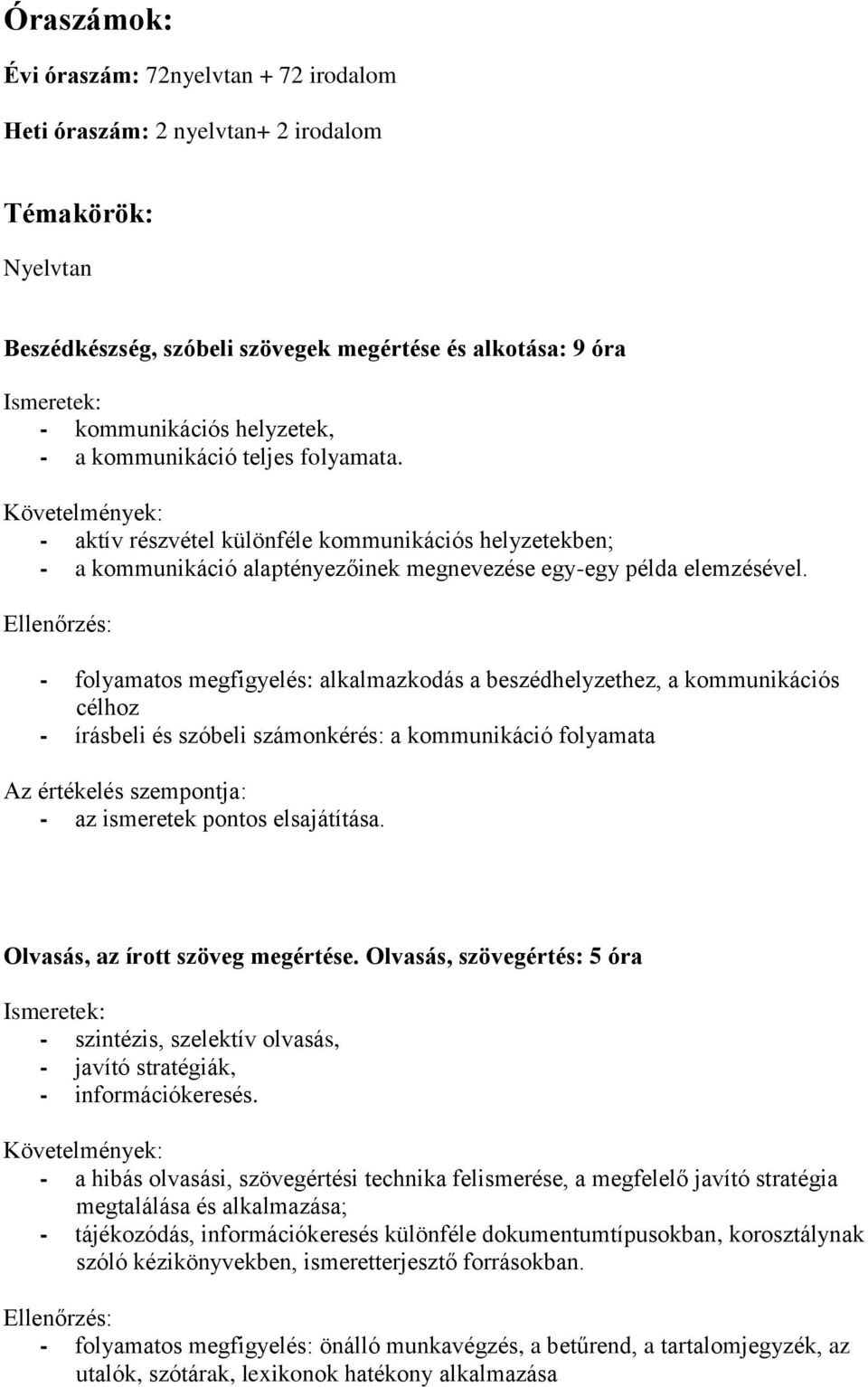 - folyamatos megfigyelés: alkalmazkodás a beszédhelyzethez, a kommunikációs célhoz - írásbeli és szóbeli számonkérés: a kommunikáció folyamata Az értékelés szempontja: - az ismeretek pontos