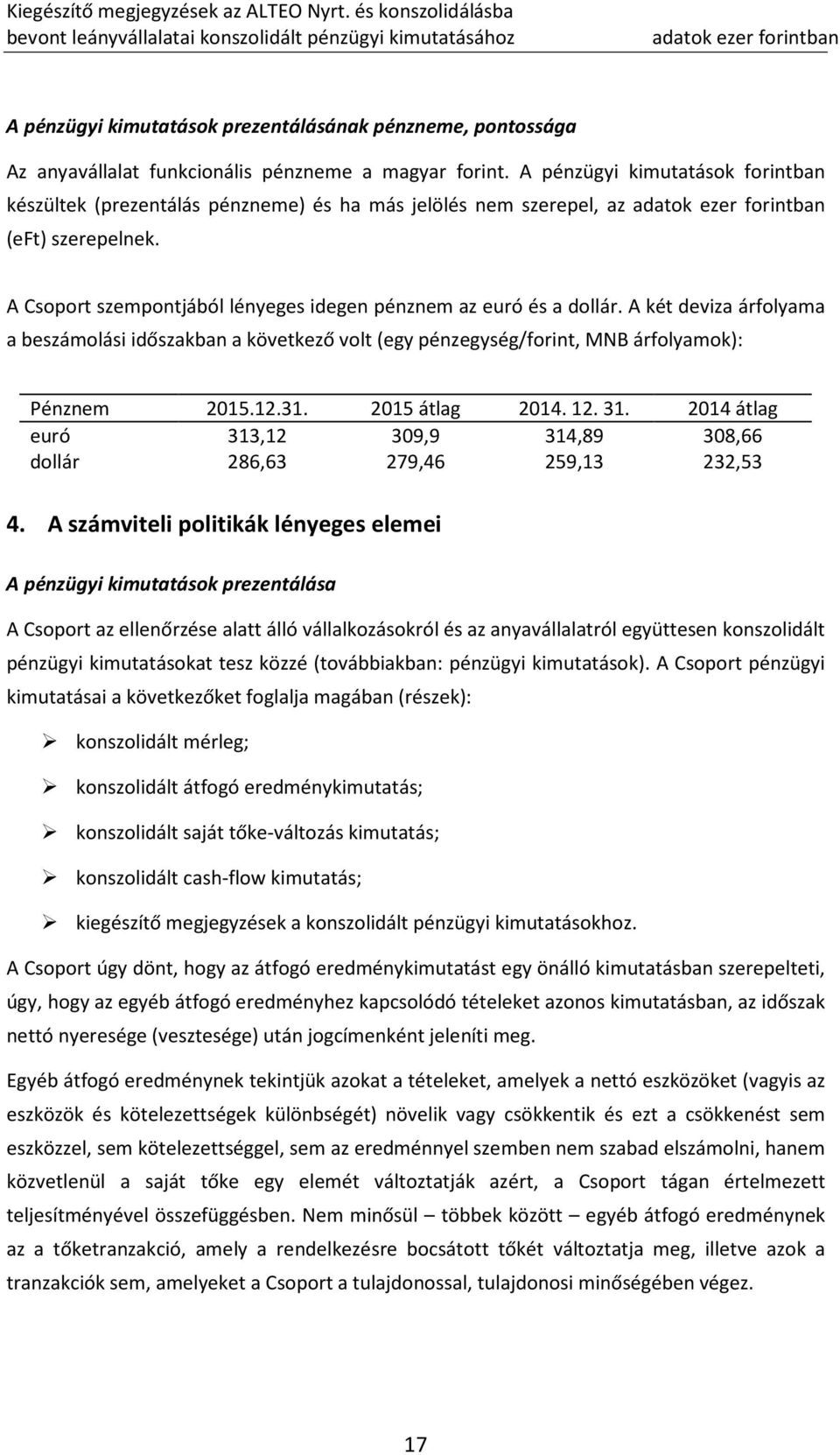 A Csoport szempontjából lényeges idegen pénznem az euró és a dollár. A két deviza árfolyama a beszámolási időszakban a következő volt (egy pénzegység/forint, MNB árfolyamok): Pénznem 2015.12.31.