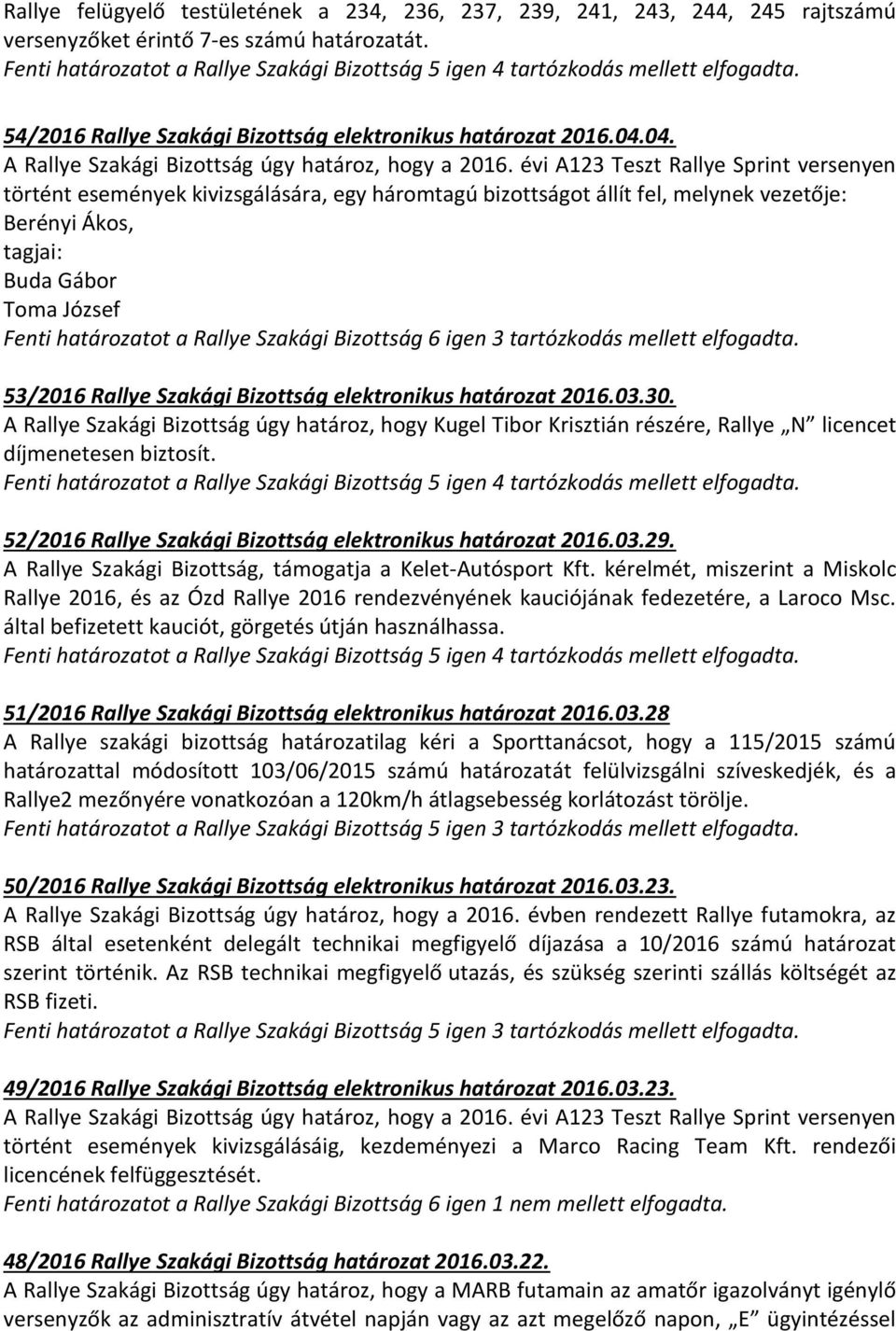 04. A Rallye Szakági Bizottság úgy határoz, hogy a 2016.