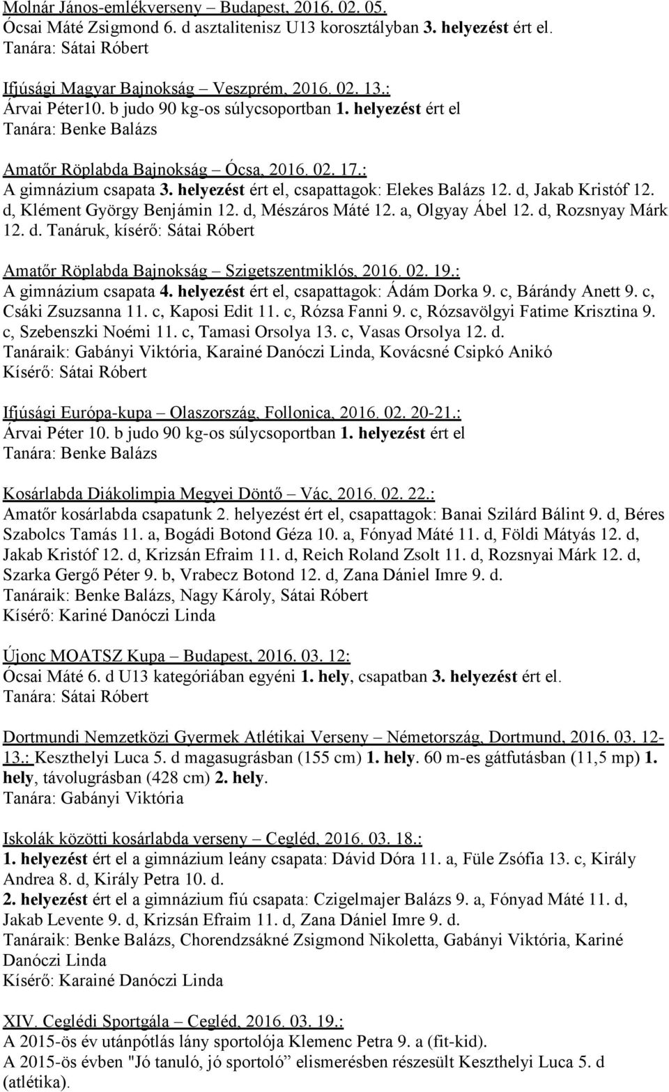 d, Klément György Benjámin 12. d, Mészáros Máté 12. a, Olgyay Ábel 12. d, Rozsnyay Márk 12. d. Tanáruk, kísérő: Sátai Róbert Amatőr Röplabda Bajnokság Szigetszentmiklós, 2016. 02. 19.