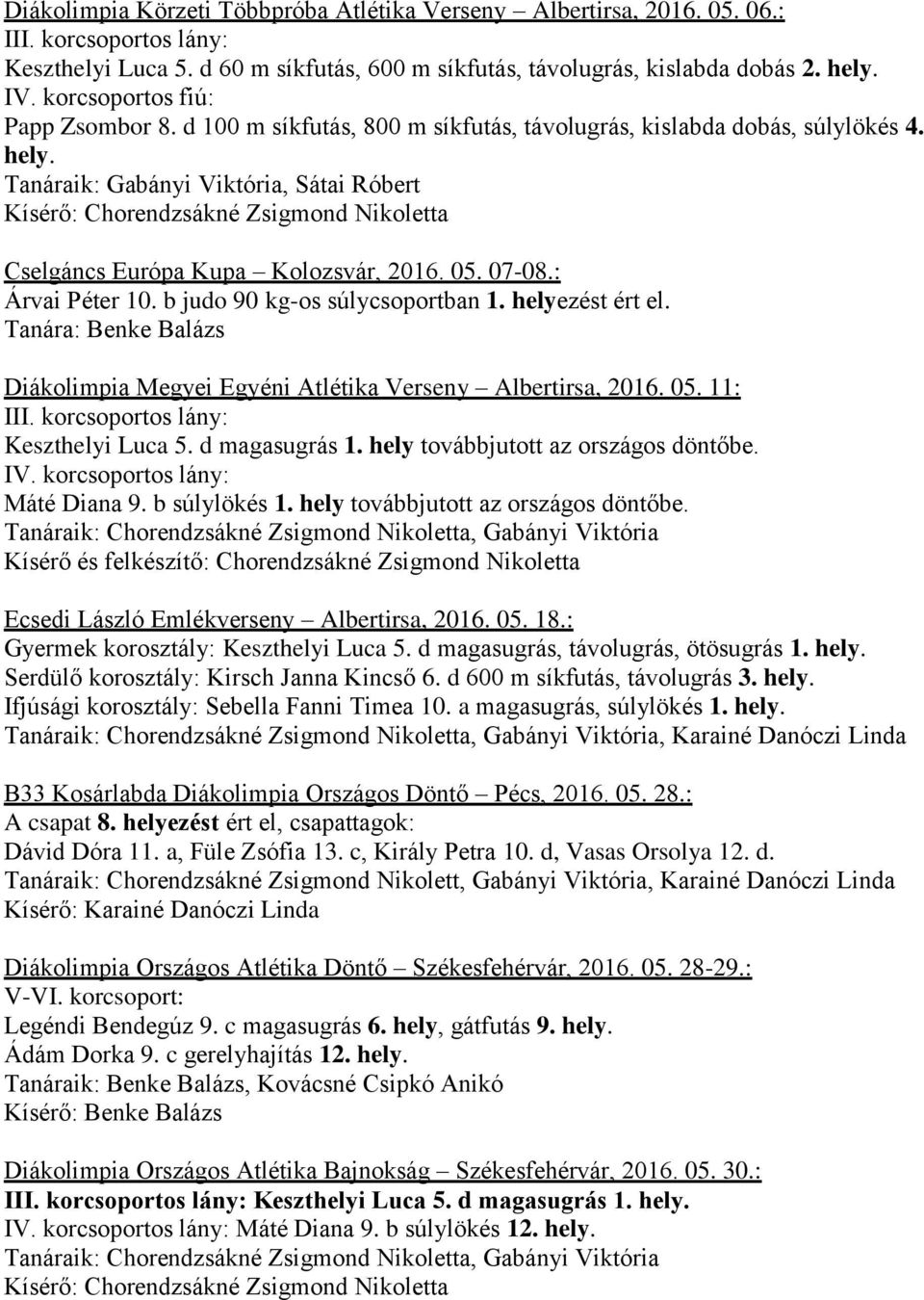 07-08.: Árvai Péter 10. b judo 90 kg-os súlycsoportban 1. helyezést ért el. Diákolimpia Megyei Egyéni Atlétika Verseny Albertirsa, 2016. 05. 11: III. korcsoportos lány: Keszthelyi Luca 5.
