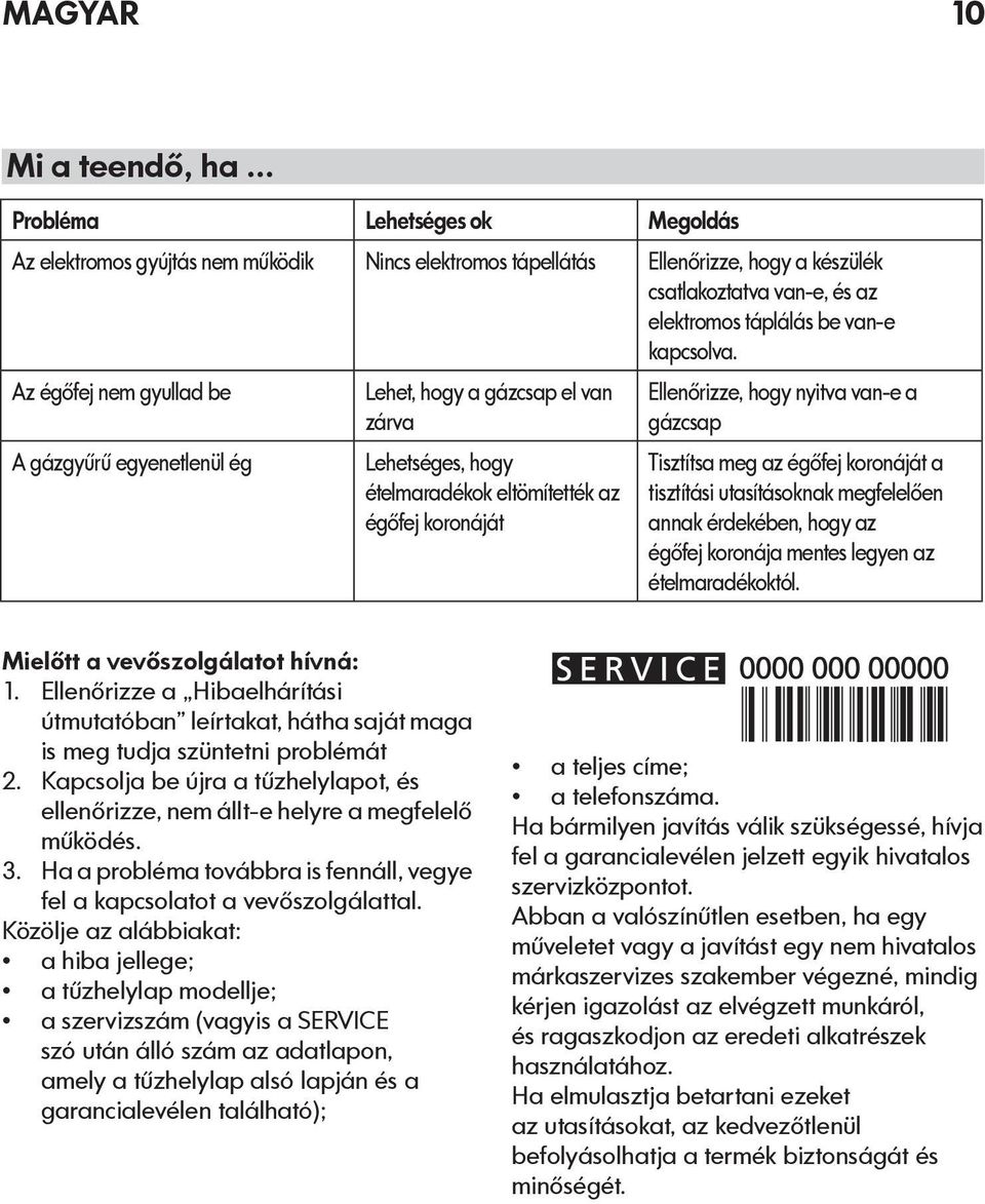 Az égőfej nem gyullad be A gázgyűrű egyenetlenül ég Lehet, hogy a gázcsap el van zárva Lehetséges, hogy ételmaradékok eltömítették az égőfej koronáját Ellenőrizze, hogy nyitva van-e a gázcsap
