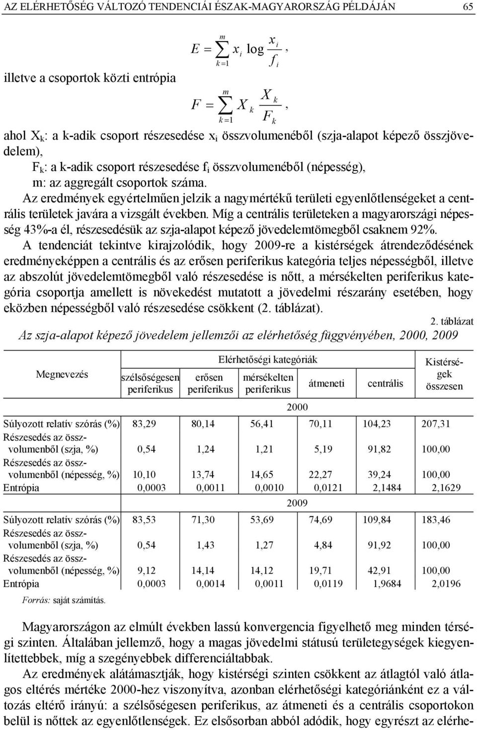 Az eredmények egyértelműen jelzik a nagymértékű területi egyenlőtlenségeket a centrális területek javára a vizsgált években.