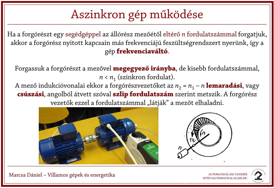 Forgauk a forgórézt a mezővel megegyező irányba, de kiebb fordulatzámmal, n < n (zinkron fordulat).