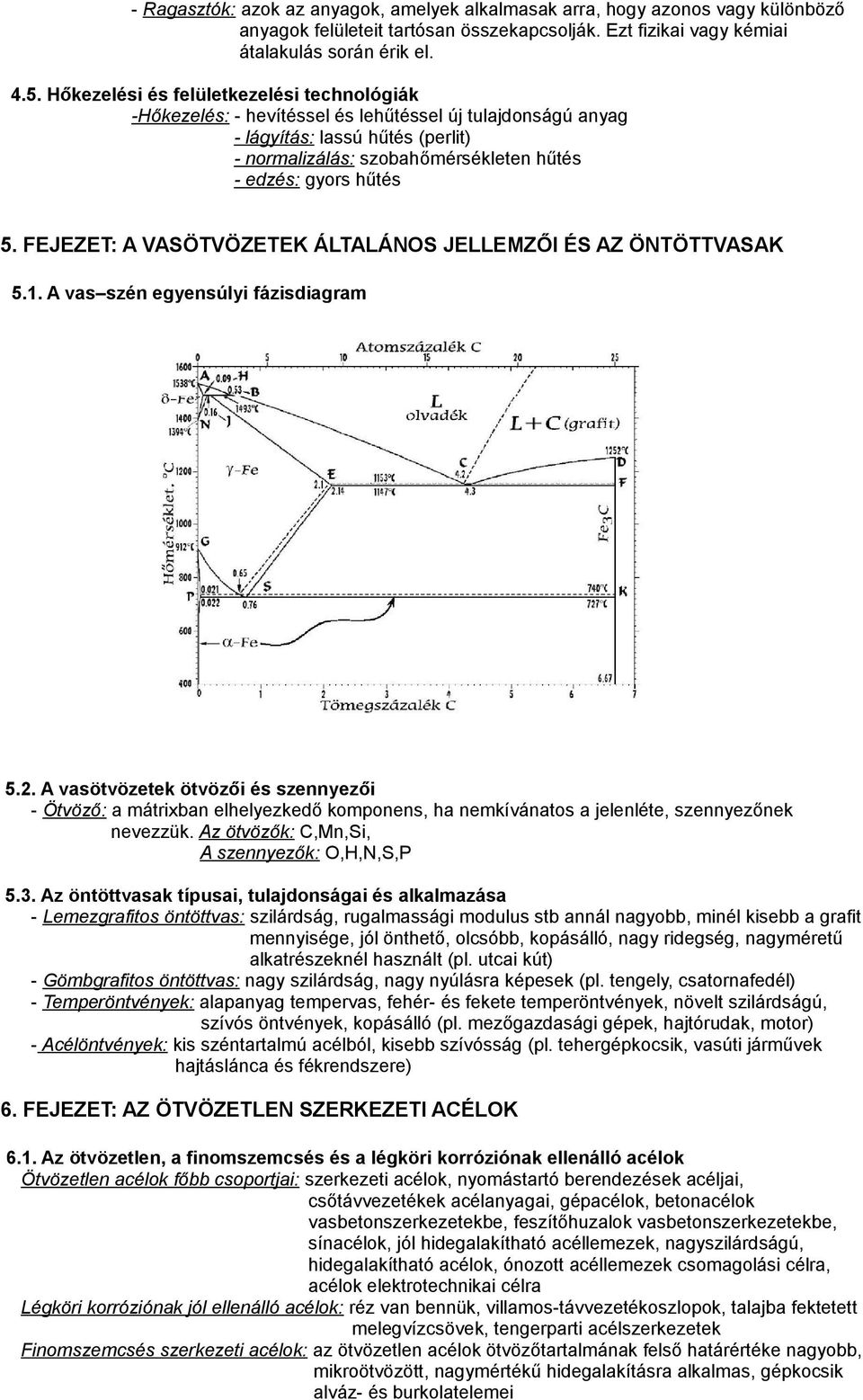 5. FEJEZET: A VASÖTVÖZETEK ÁLTALÁNOS JELLEMZŐI ÉS AZ ÖNTÖTTVASAK 5.1. A vas szén egyensúlyi fázisdiagram 5.2.