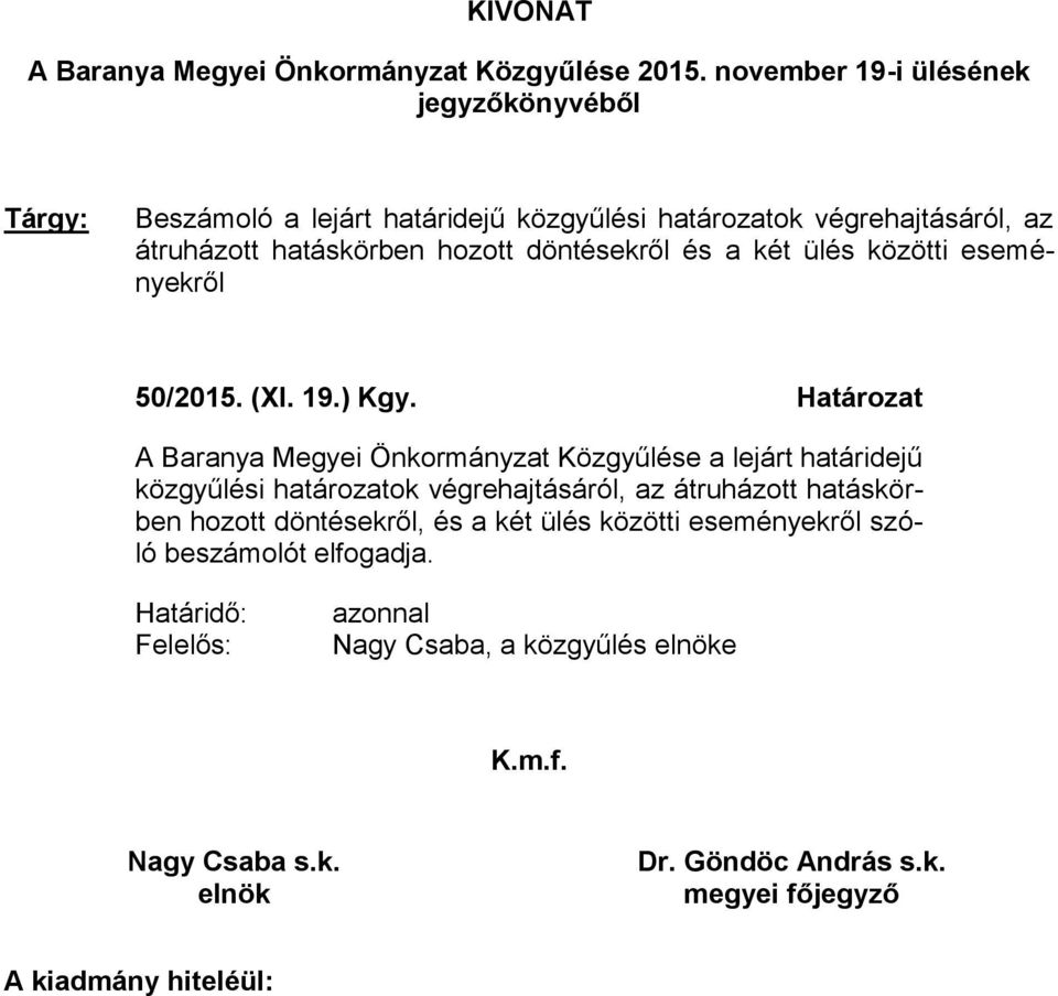 és a két ülés közötti eseményekről 50/2015. (XI. 19.) Kgy.