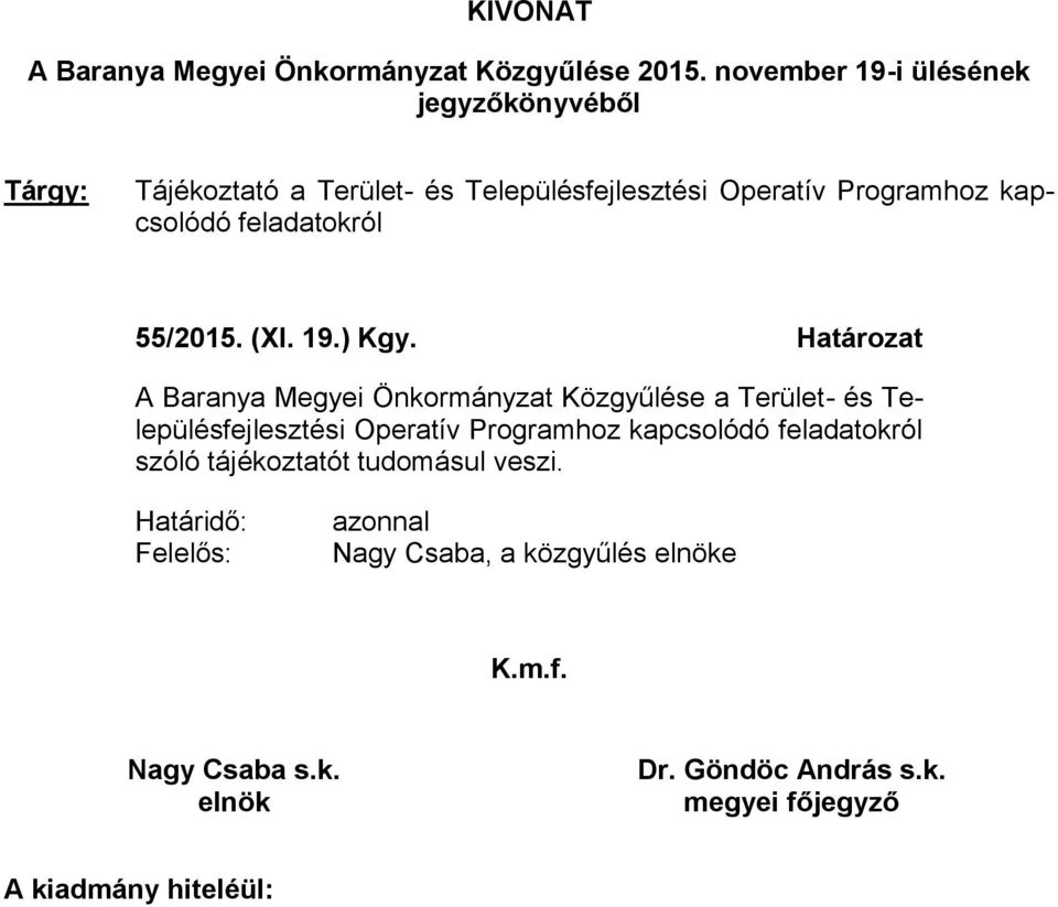 feladatokról 55/2015. (XI. 19.) Kgy.