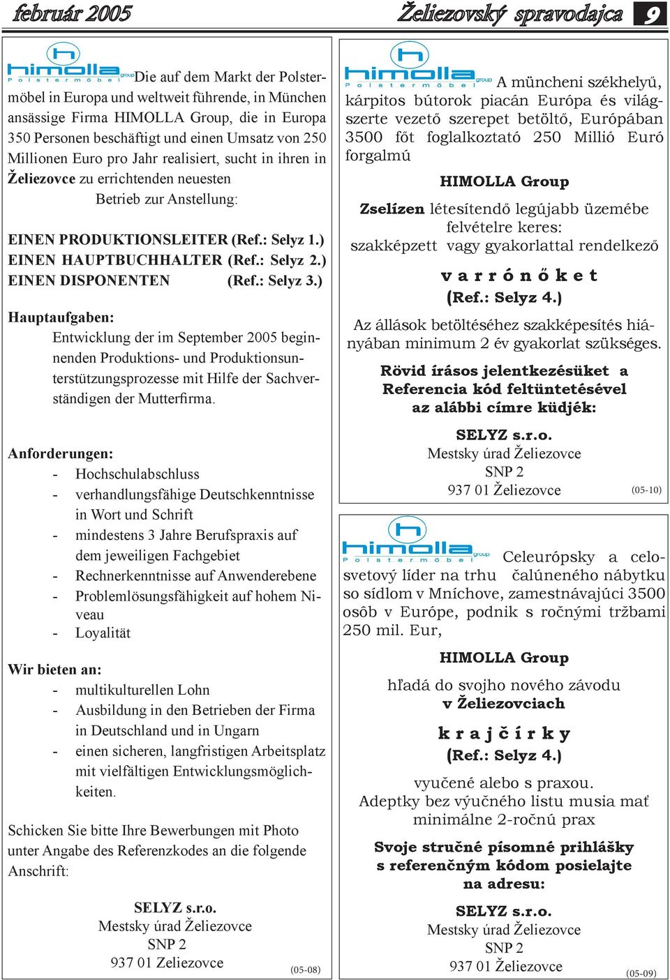 : Selyz 3.) Hauptaufgaben: Entwicklung der im September 2005 beginnenden Produktions- und Produktionsunterstützungsprozesse mit Hilfe der Sachverständigen der Mutterfirma.