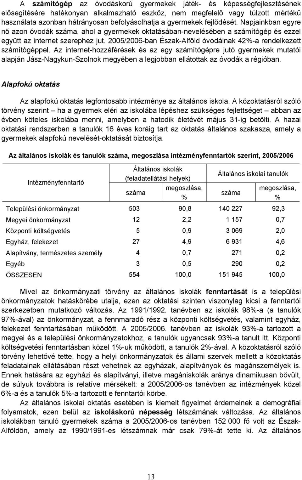 2005/2006-ban Észak-Alföld óvodáinak 42%-a rendelkezett számítógéppel.