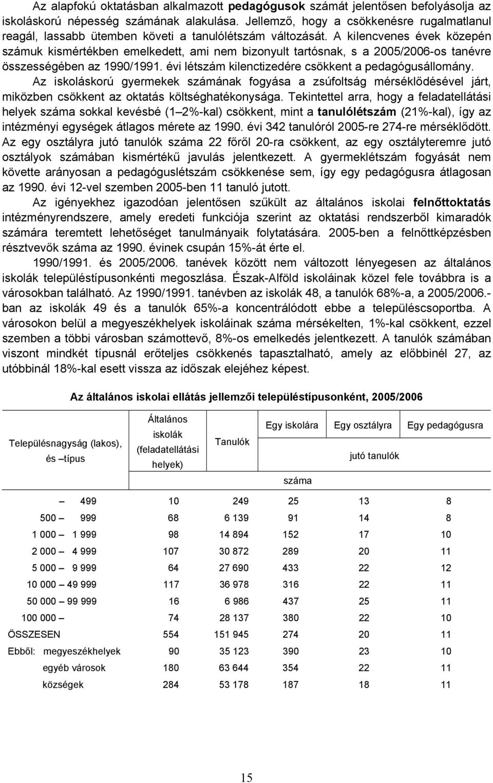 A kilencvenes évek közepén számuk kismértékben emelkedett, ami nem bizonyult tartósnak, s a 2005/2006-os tanévre összességében az 1990/1991. évi létszám kilenctizedére csökkent a pedagógusállomány.