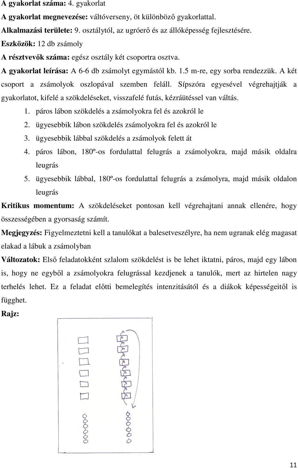 A két csoport a zsámolyok oszlopával szemben feláll. Sípszóra egyesével végrehajtják a gyakorlatot, kifelé a szökdeléseket, visszafelé futás, kézráütéssel van váltás. 1.