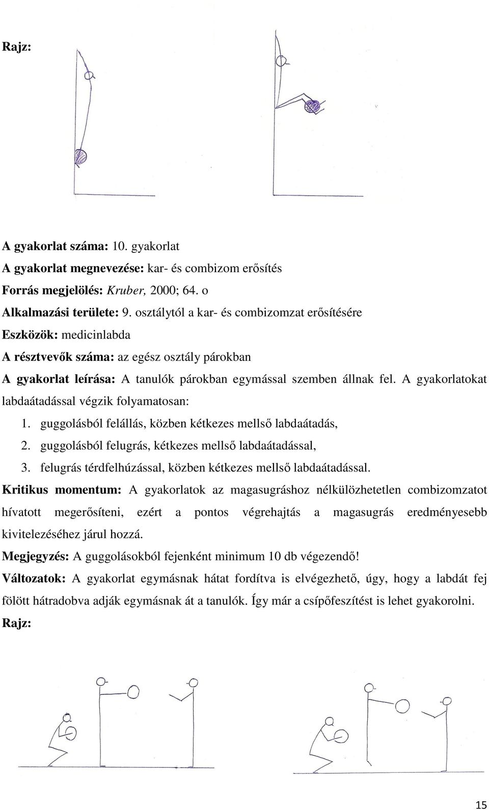 A gyakorlatokat labdaátadással végzik folyamatosan: 1. guggolásból felállás, közben kétkezes mellső labdaátadás, 2. guggolásból felugrás, kétkezes mellső labdaátadással, 3.