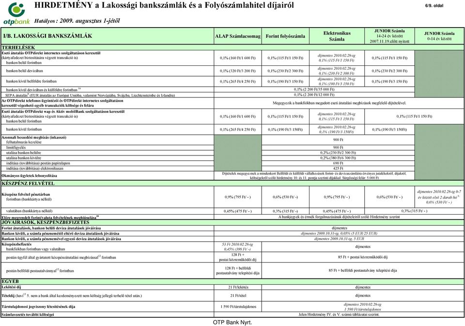 tranzakciók költsége és felára Eseti átutalás OTPdirekt wap és Aktív mobilbank szolgáltatáson keresztül bankon kívül forintban Azonnali beszedési megbízás (inkasszó) felhatalmazás kezelése