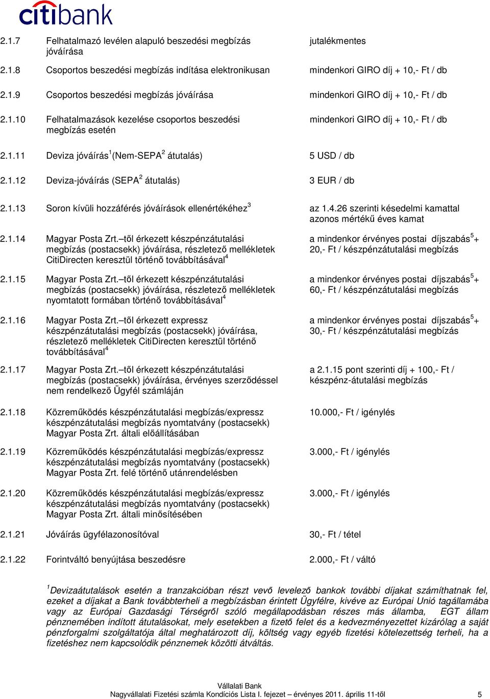 1.13 Soron kívüli hozzáférés jóváírások ellenértékéhez 3 az 1.4.26 szerinti késedelmi kamattal azonos mértékő éves kamat 2.1.14 Magyar Posta Zrt.