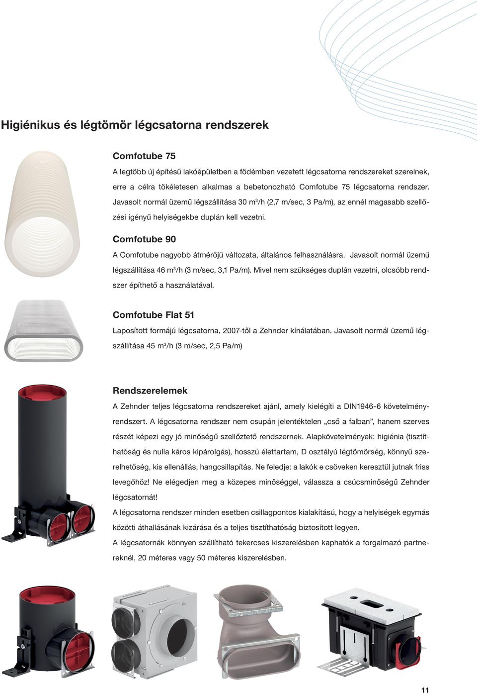 Comfotube 90 A Comfotube nagyobb átmérőjű változata, általános felhasználásra. Javasolt normál üzemű légszállítása 46 m 3 /h (3 m/sec, 3,1 Pa/m).