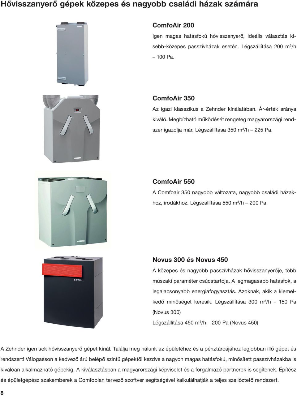 ComfoAir 550 A Comfoair 350 nagyobb változata, nagyobb családi házakhoz, irodákhoz. Légszállítása 550 m 3 /h 200 Pa.