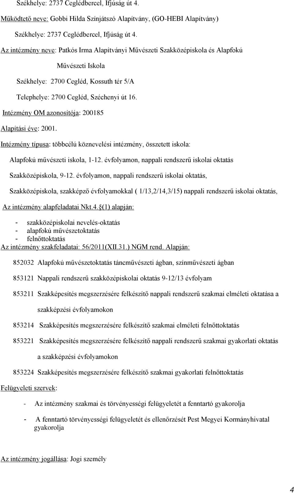 Intézmény OM azonosítója: 200185 Alapítási éve: 2001. Intézmény típusa: többcélú köznevelési intézmény, összetett iskola: Alapfokú művészeti iskola, 1-12.