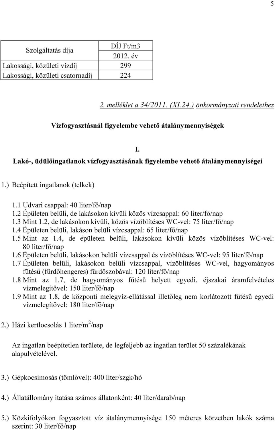 2 Épületen belüli, de lakásokon kívüli közös vízcsappal: 60 liter/fő/nap 1.3 Mint 1.2, de lakásokon kívüli, közös vízöblítéses WC-vel: 75 liter/fő/nap 1.