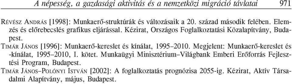 TIMÁR JÁNOS [1996]: Munkaerõ-kereslet és kínálat, 1995 2010. Megjelent: Munkaerõ-kereslet és -kínálat, 1995 2010, I. kötet.