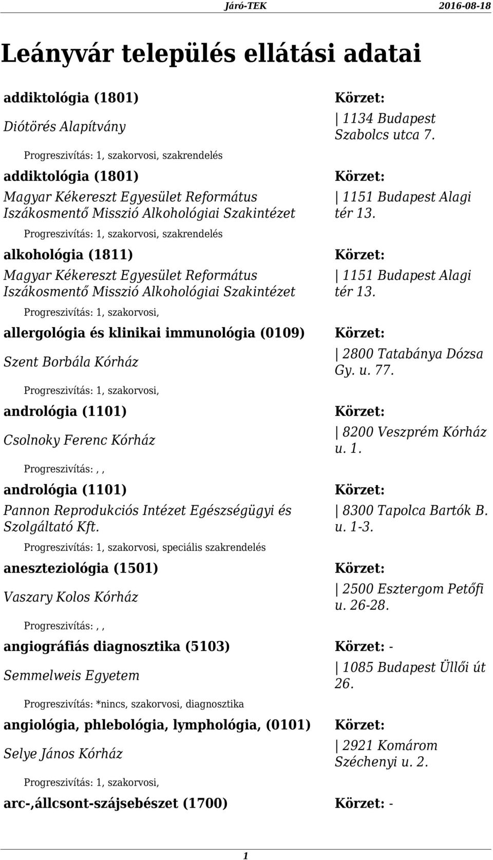 Kórház andrológia (1101) Pannon Reprodukciós Intézet Egészségügyi és Szolgáltató Kft. speciális szakrendelés aneszteziológia (1501) 1134 Budapest Szabolcs utca 7. 1151 Budapest Alagi tér 13.