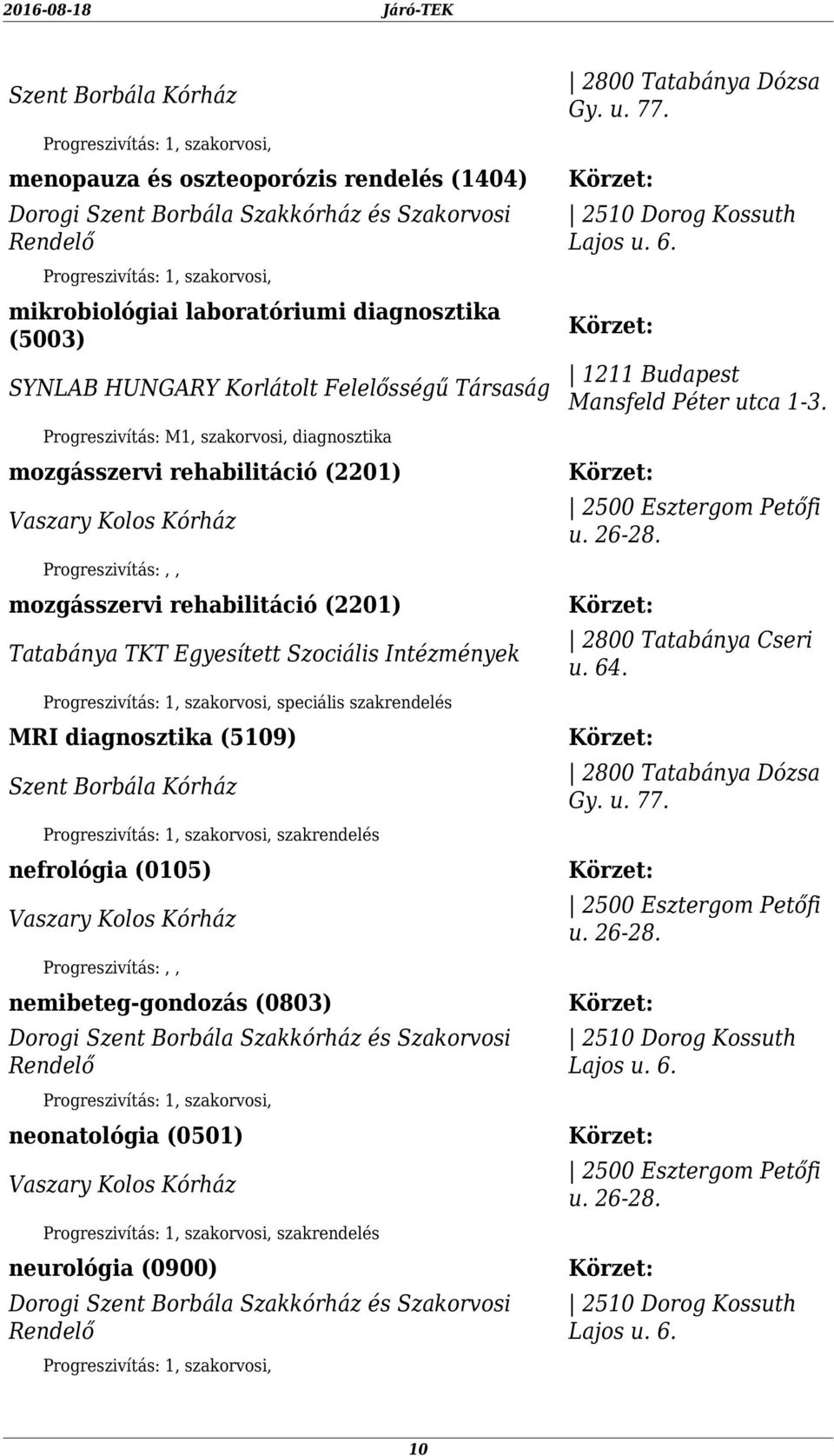 rehabilitáció (2201) Tatabánya TKT Egyesített Szociális Intézmények speciális szakrendelés MRI diagnosztika (5109) szakrendelés