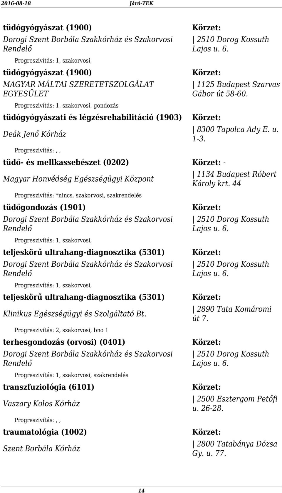 tüdő- és mellkassebészet (0202) - Magyar Honvédség Egészségügyi Központ tüdőgondozás (1901) teljeskörű ultrahang-diagnosztika (5301) teljeskörű