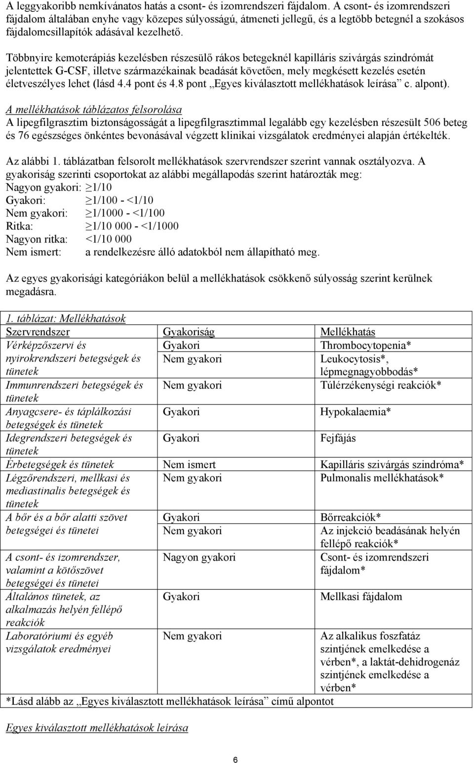 Többnyire kemoterápiás kezelésben részesülő rákos betegeknél kapilláris szivárgás szindrómát jelentettek G-CSF, illetve származékainak beadását követően, mely megkésett kezelés esetén életveszélyes