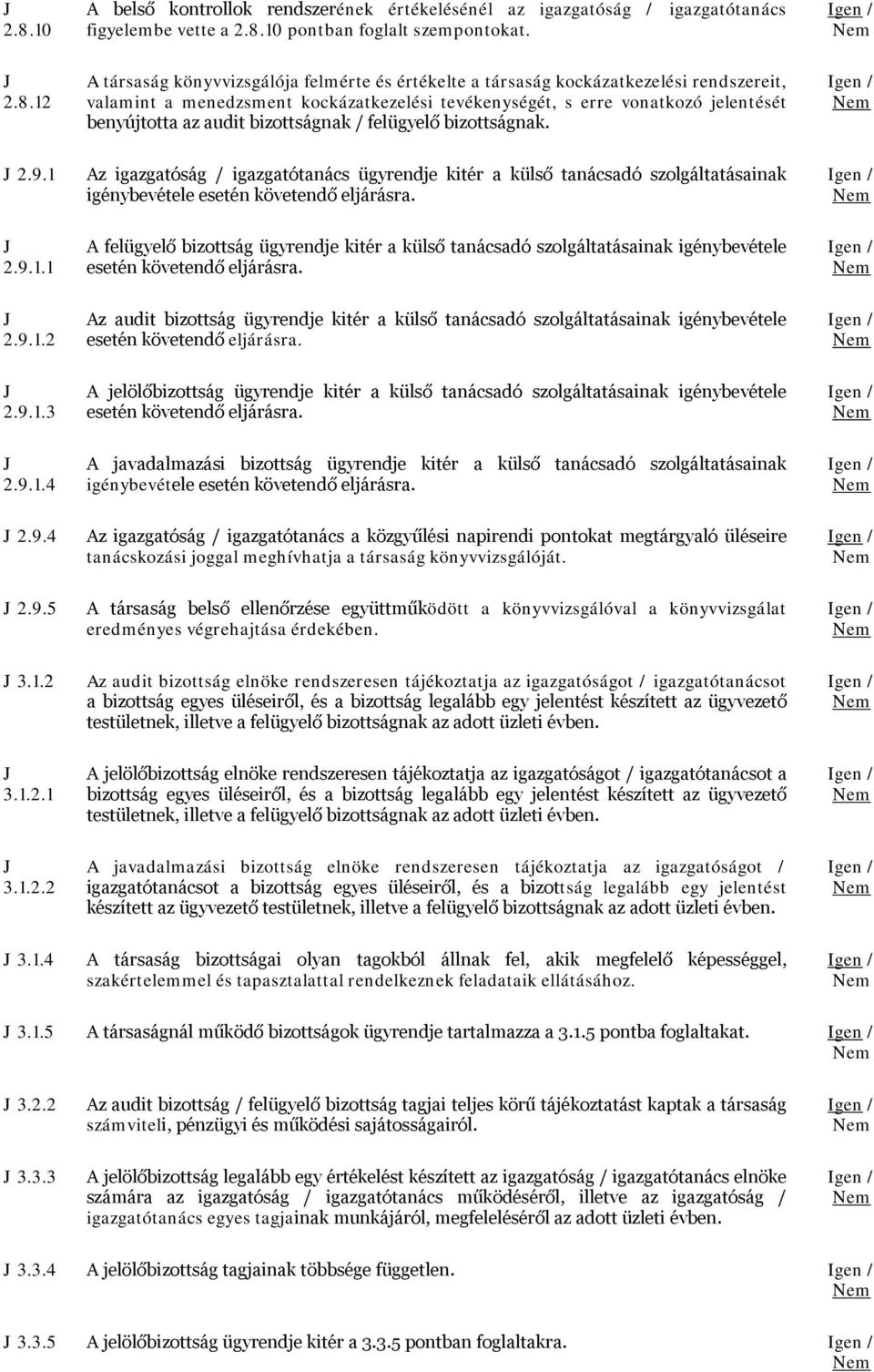 1 Az igazgatóság / igazgatótanács ügyrendje kitér a külső tanácsadó szolgáltatásainak igénybevétele esetén követendő eljárásra. / 2.9.1.1 A felügyelő bizottság ügyrendje kitér a külső tanácsadó szolgáltatásainak igénybevétele esetén követendő eljárásra.