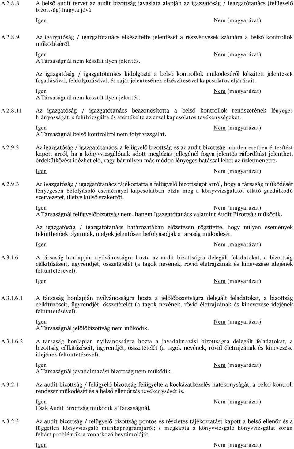 Az igazgatóság / igazgatótanács kidolgozta a belső kontrollok működéséről készített jelentések fogadásával, feldolgozásával, és saját jelentésének elkészítésével kapcsolatos eljárásait.