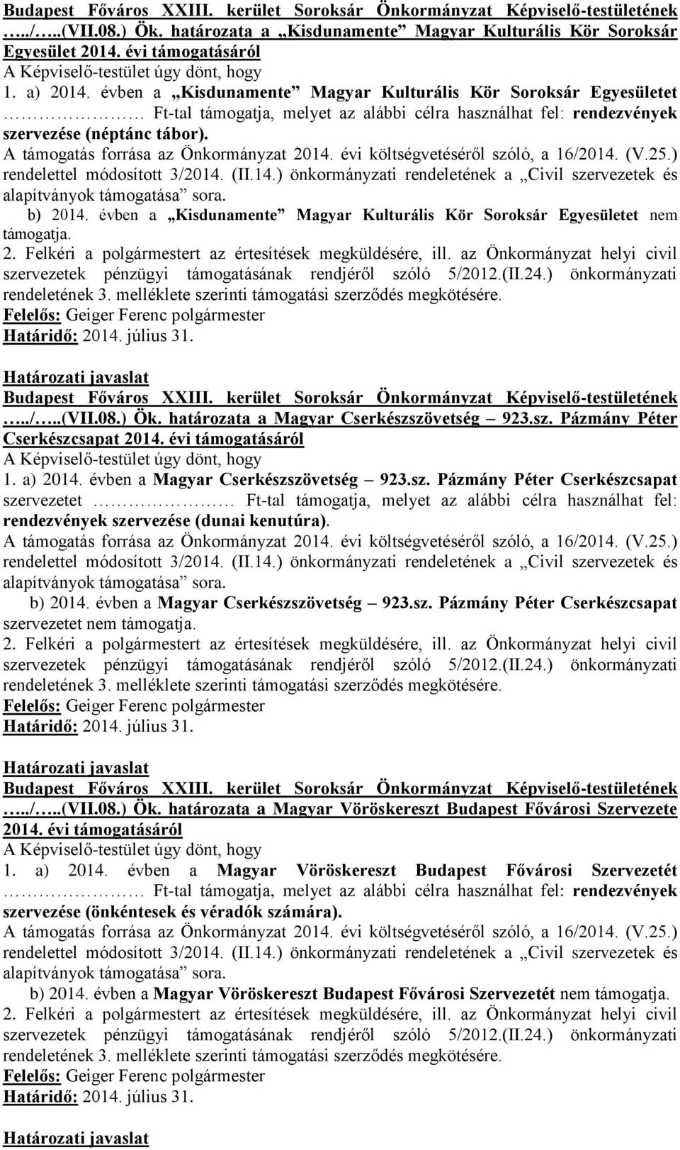 évben a Kisdunamente Magyar Kulturális Kör Soroksár Egyesületet nem támogatja.../..(vii.08.) Ök. határozata a Magyar Cserkészszövetség 923.sz. Pázmány Péter Cserkészcsapat 2014. évi támogatásáról 1.