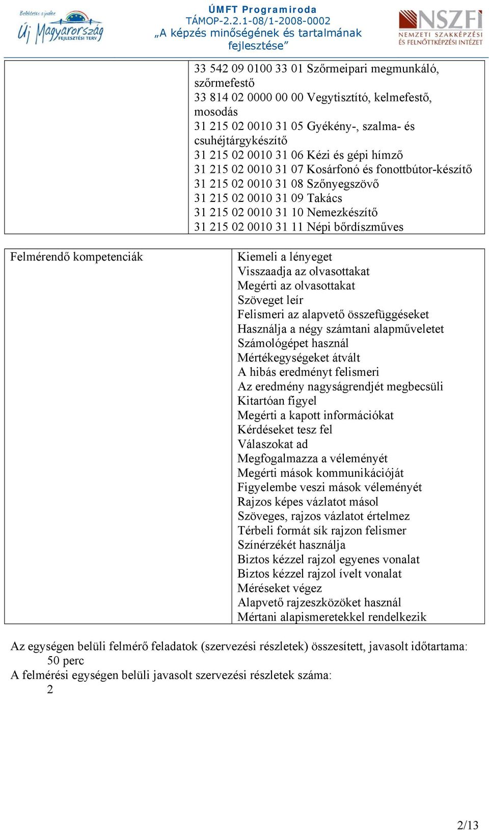 bőrdíszműves Felmérendő kompetenciák Kiemeli a lényeget Visszaadja az olvasottakat Megérti az olvasottakat Szöveget leír Felismeri az alapvető összefüggéseket Használja a négy számtani alapműveletet
