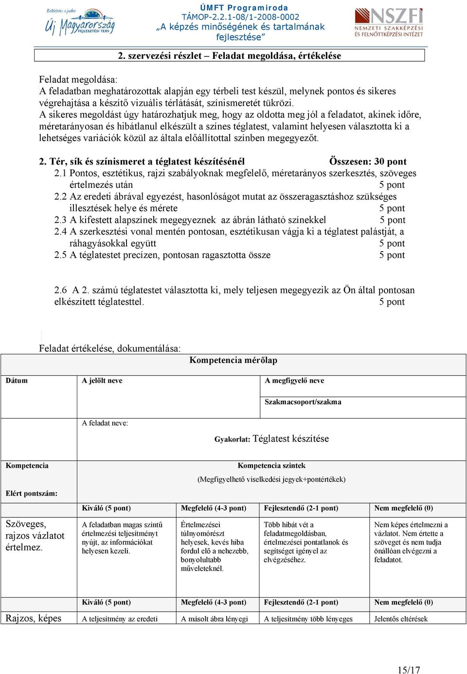 A sikeres megoldást úgy határozhatjuk meg, hogy az oldotta meg jól a feladatot, akinek időre, méretarányosan és hibátlanul elkészült a színes téglatest, valamint helyesen választotta ki a lehetséges